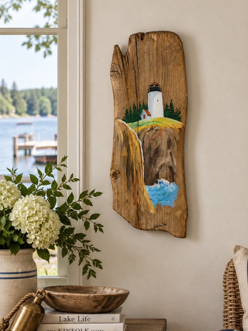 Vintage Maine Lighthouse Hand-Painted Driftwood Folk Art